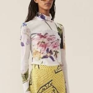 Ganni Tilden Floral Print Turtleneck Mesh Top Small